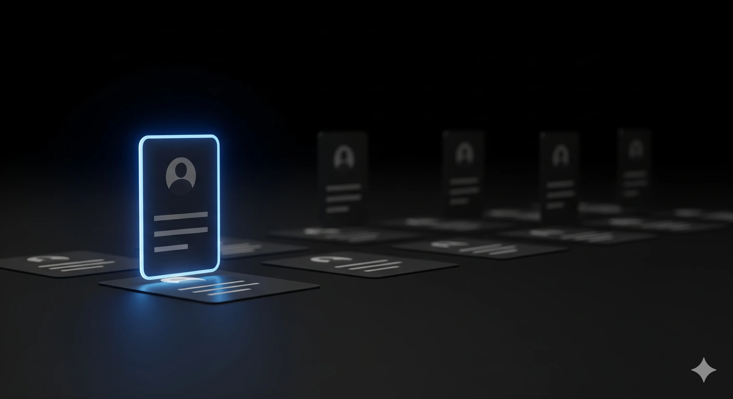 An abstract visualization of digital profiles, with one glowing blue to signify it has been chosen.